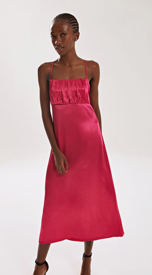 Vestido Iódice Midi Decote Reto Com Franzido Pink