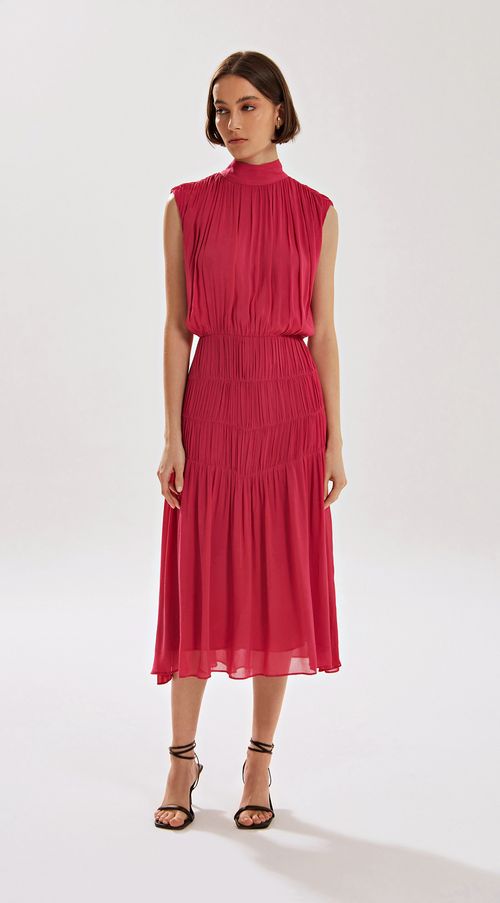Vestido Iódice Midi Gola Alta Com Recorte Rosa