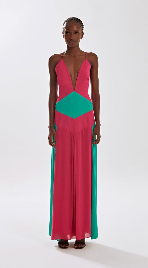 Vestido Iódice Longo Decote V Com Recorte Rosa