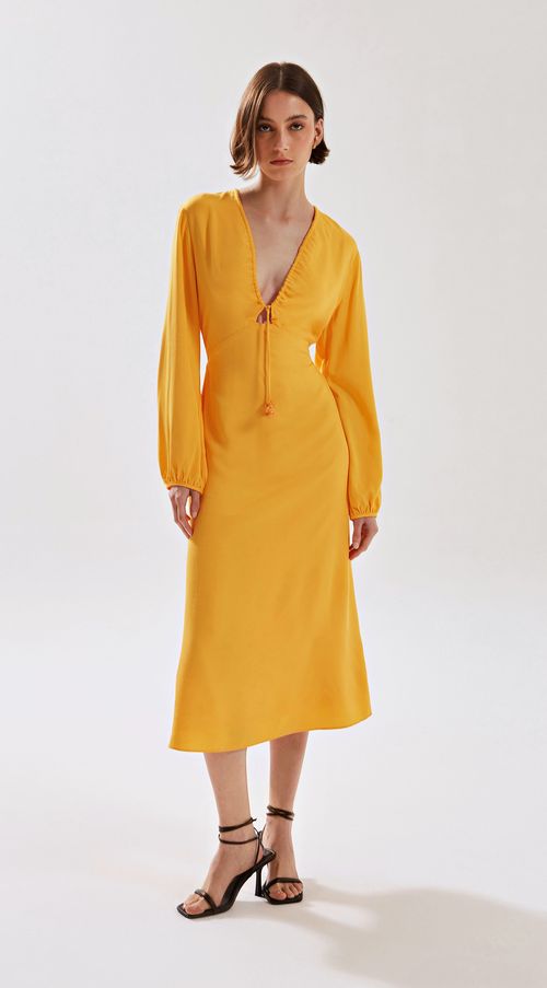 Vestido Iódice Midi Decote Profundo Com Canaleta Amarelo