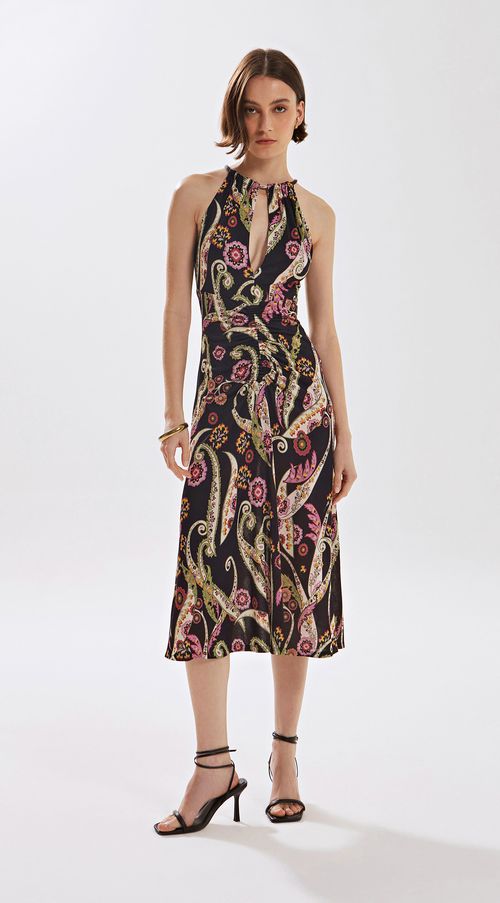 Vestido Iódice Midi Decote Profundo Com Franzido Preto