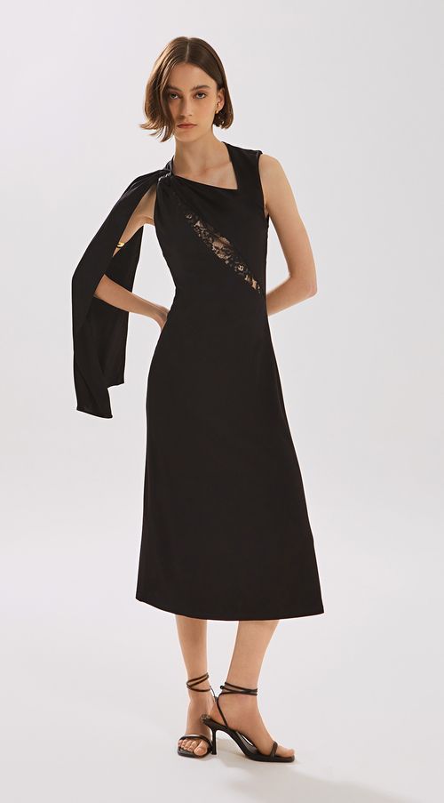 Vestido Iódice Midi Decote Assimétrico Detalhe Renda Preto