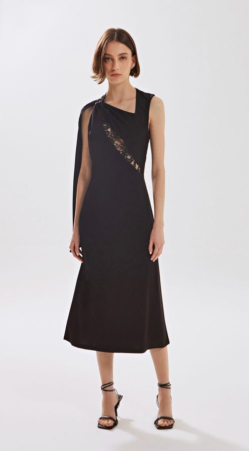 Vestido Iódice Midi Decote Assimétrico Detalhe Renda Preto