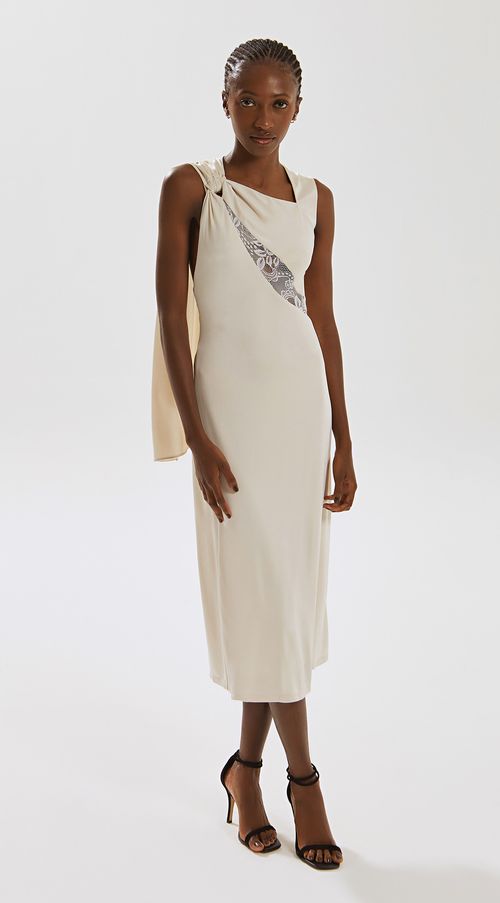 Vestido Iódice Midi Decote Assimétrico Detalhe Renda Off White