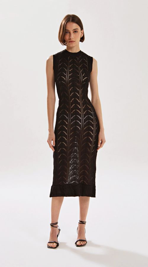 Vestido Iódice Midi Decote Redondo Com Babado Preto