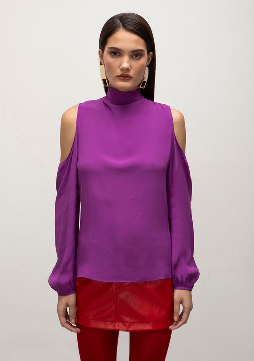 Blusa Iódice Decote Degage Manga Longa Com Recorte Roxo