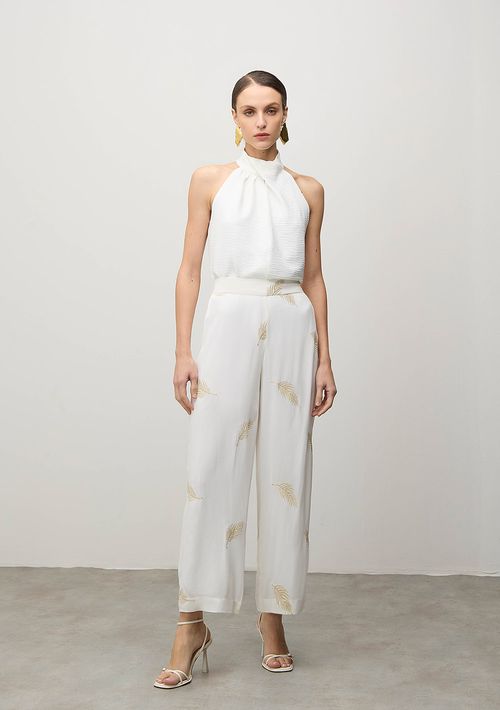 Calca Iódice Wide Cós Alto Com Elástico Off White