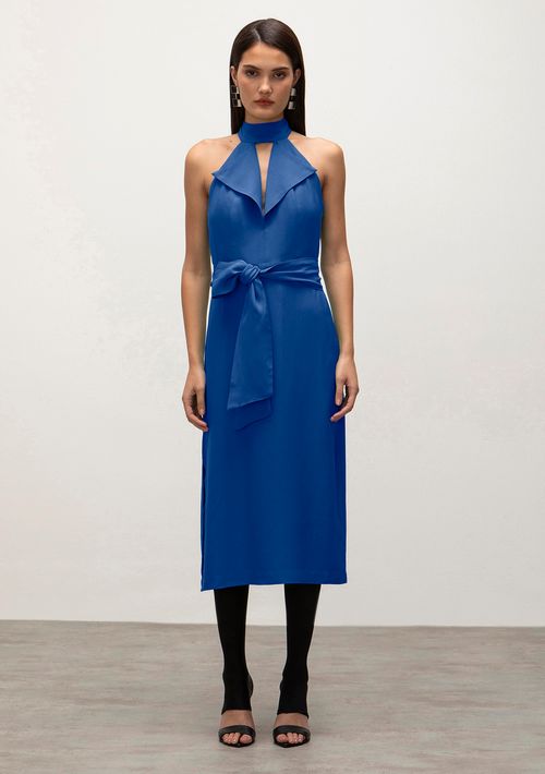 Vestido Iódice Midi Gola Alta Com Fenda Azul