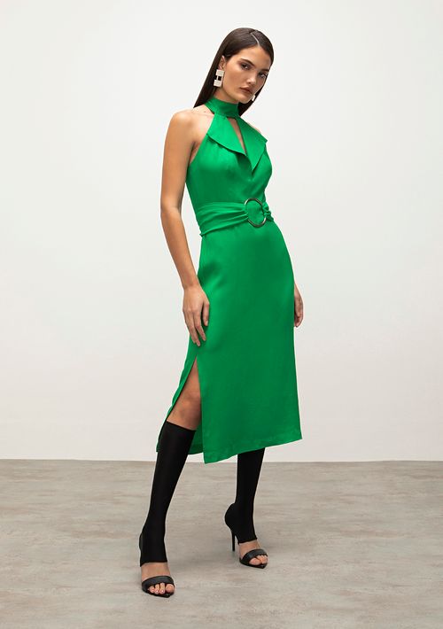 Vestido Iódice Midi Gola Alta Com Fenda Verde