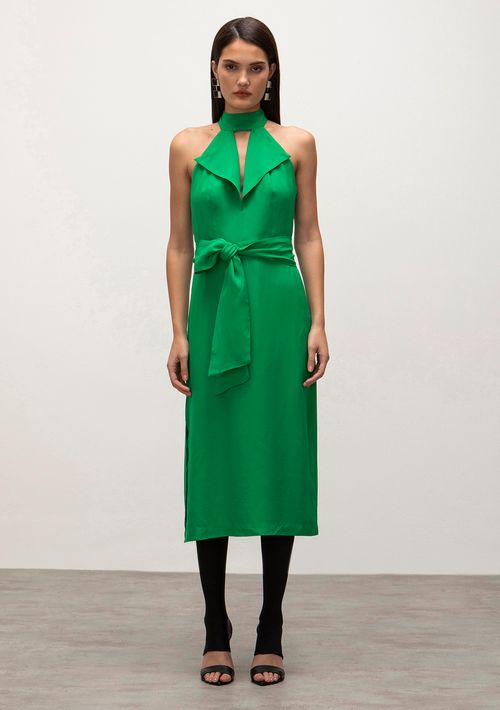 Vestido Iódice Midi Gola Alta Com Fenda Verde