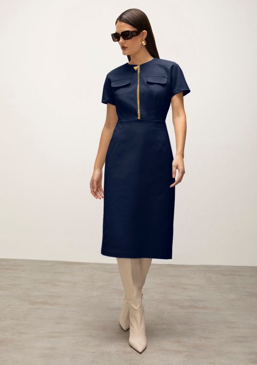 Vestido Iódice Midi Decote Redondo Bordado Azul Marinho