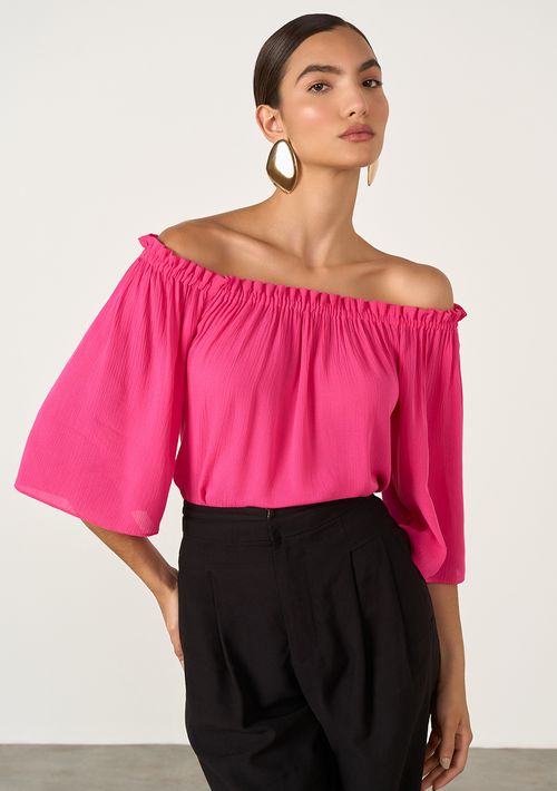 Blusa Iódice Ombro A Ombro Manga Curta Com Franzido Pink