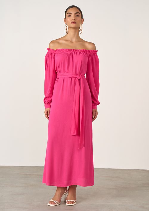 Vestido Iódice Midi Ombro A Ombro Detalhe Elástico Pink