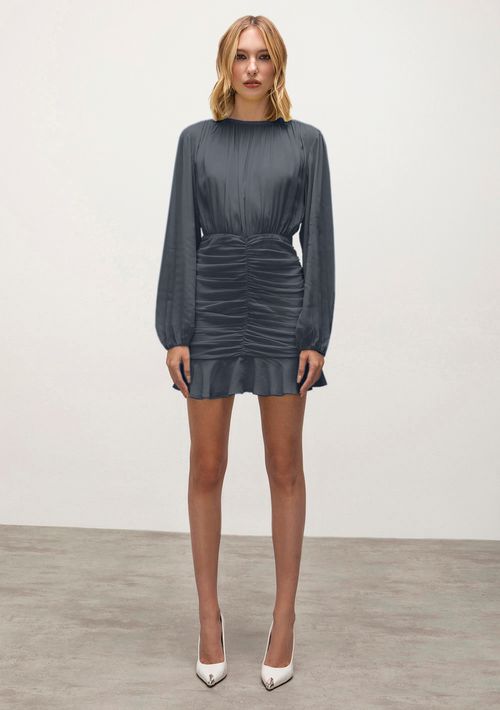 Vestido Iódice Curto Decote Redondo Com Franzido Azul Marinho