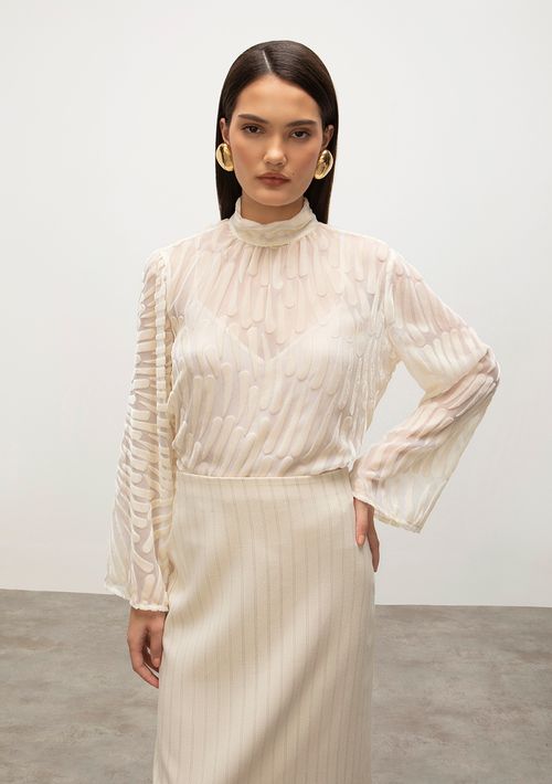 Blusa Iódice Gola Alta Manga Longa Com Franzido Bege
