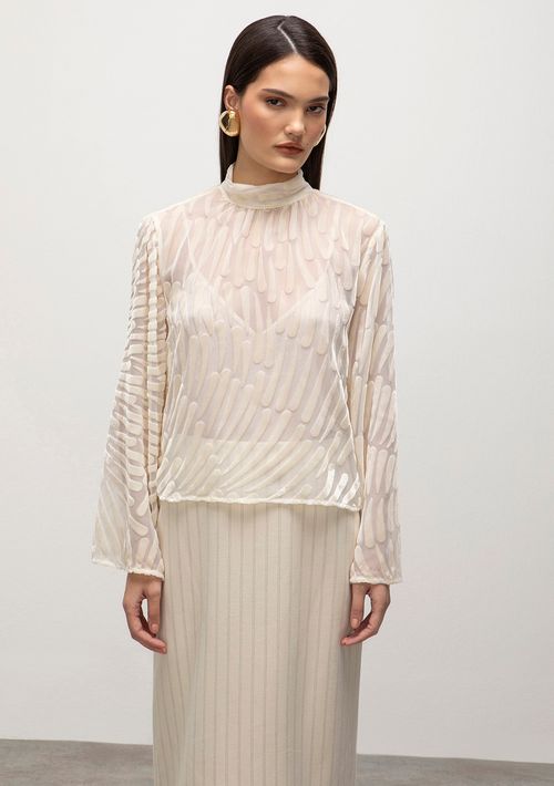Blusa Iódice Gola Alta Manga Longa Com Franzido Bege