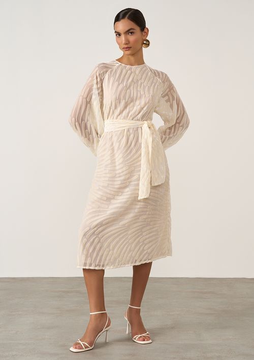 Vestido Iódice Longo Decote Redondo Com Faixa Bege
