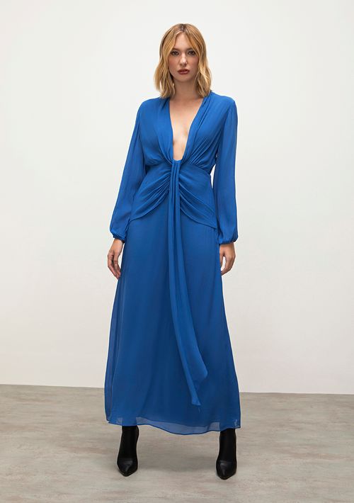 Vestido Iódice Longo Decote Profundo Detalhe Frente Azul