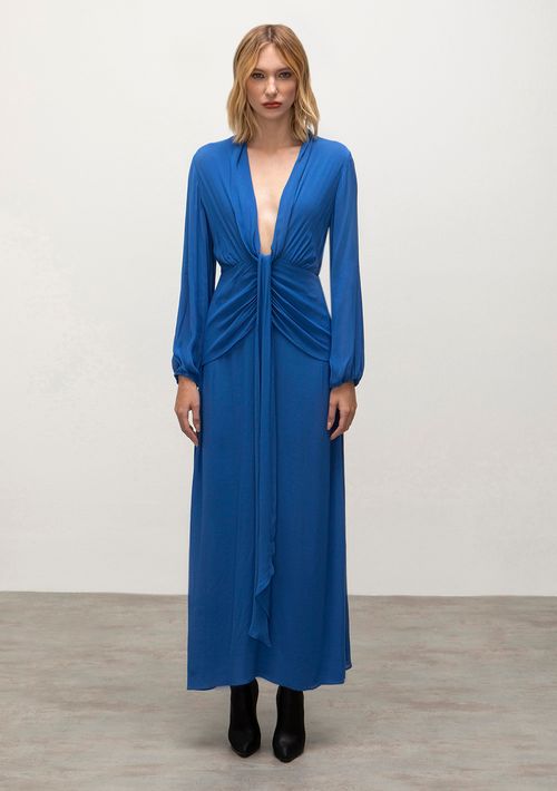 Vestido Iódice Longo Decote Profundo Detalhe Frente Azul