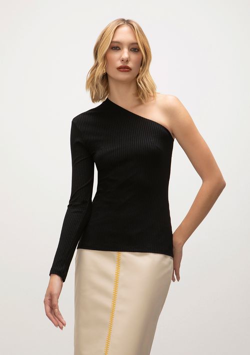 Blusa Iódice Ombro Só Manga Longa Com Recorte Preto