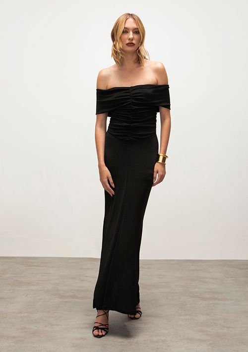 Vestido Iódice Longo Ombro A Ombro Com Franzido Preto