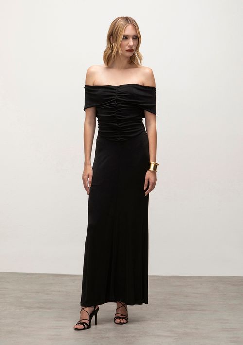 Vestido Iódice Longo Ombro A Ombro Com Franzido Preto