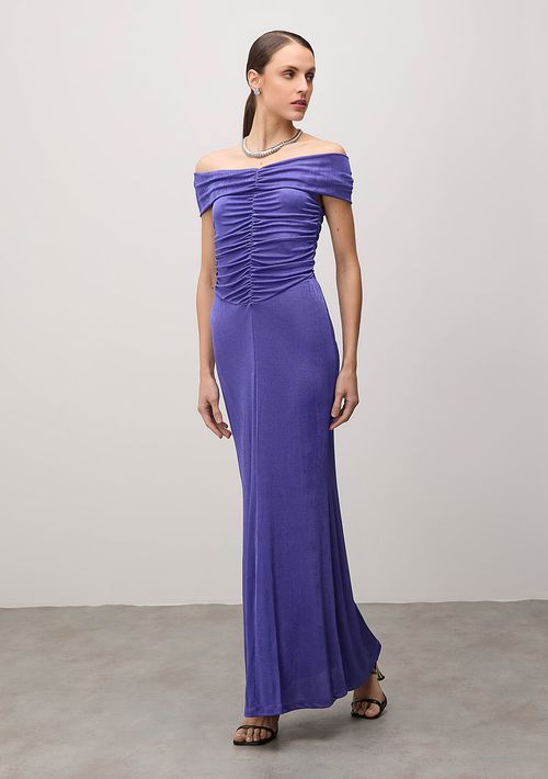 Vestido Iódice Longo Ombro A Ombro Com Franzido Roxo