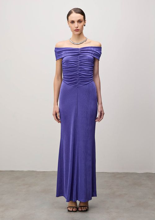 Vestido Iódice Longo Ombro A Ombro Com Franzido Roxo