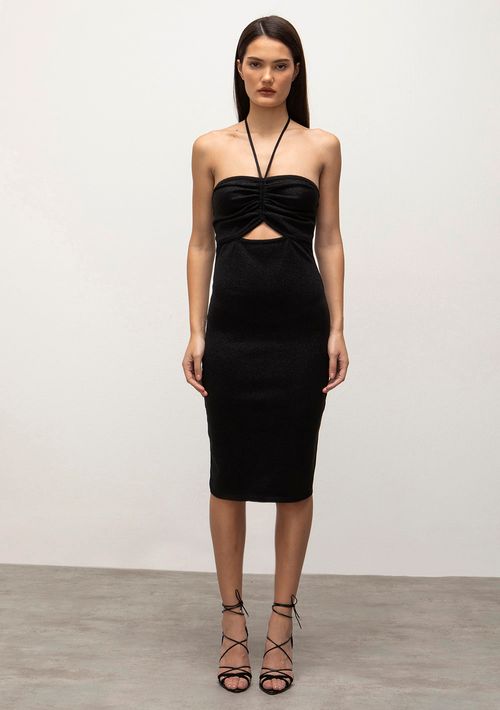 Vestido Iódice Midi Frente Única Com Franzido Preto