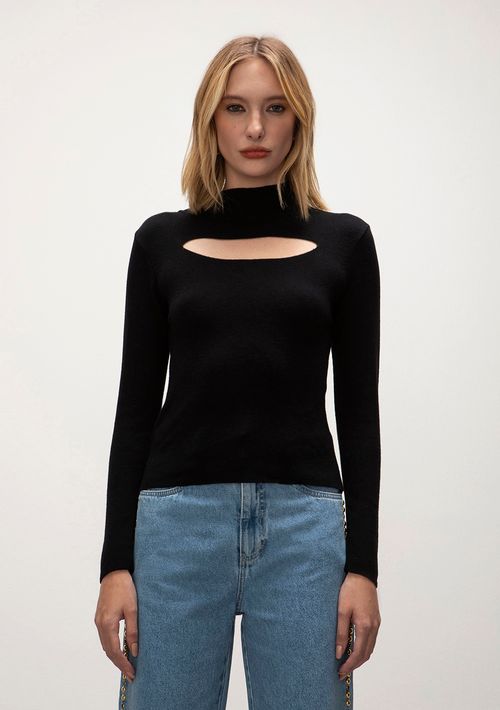 Blusa Iódice Gola Alta Manga Longa Abertura Decote Preto