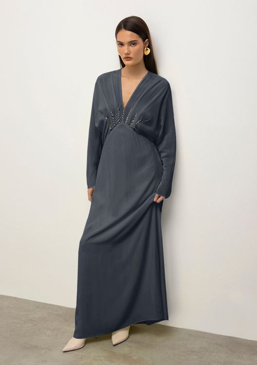 Vestido Iódice Longo Decote V Bordado Azul Marinho