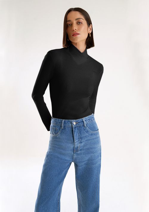 Blusa Iódice Gola Alta Manga Longa Canelada Preto