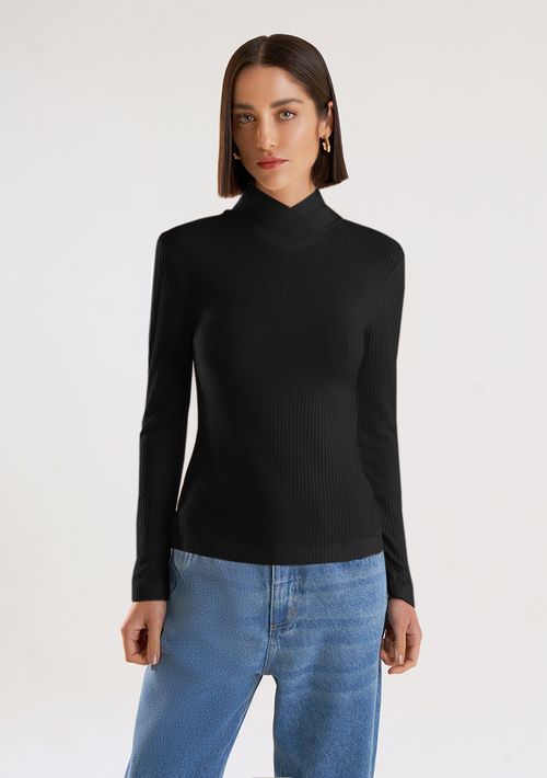 Blusa Iódice Gola Alta Manga Longa Canelada Preto