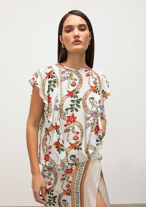 Blusa Iódice Decote Redondo Manga Curta Com Babado Off White