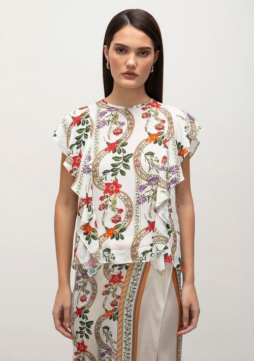 Blusa Iódice Decote Redondo Manga Curta Com Babado Off White