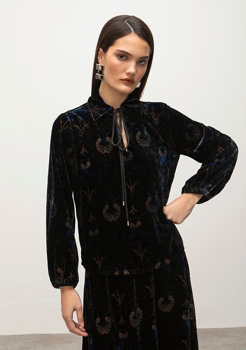 Blusa Iódice Decote V Manga Longa Com Cordão Preto