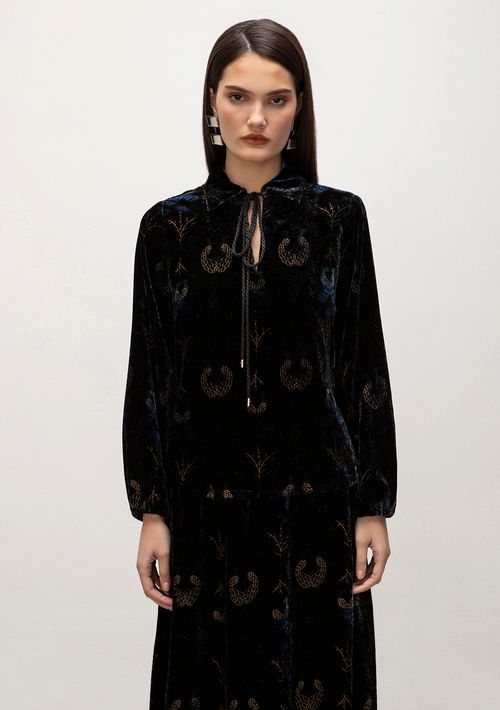Blusa Iódice Decote V Manga Longa Com Cordão Preto