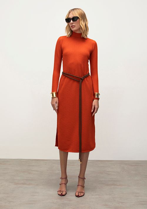 Vestido Iódice Midi Gola Alta Com Fenda Laranja