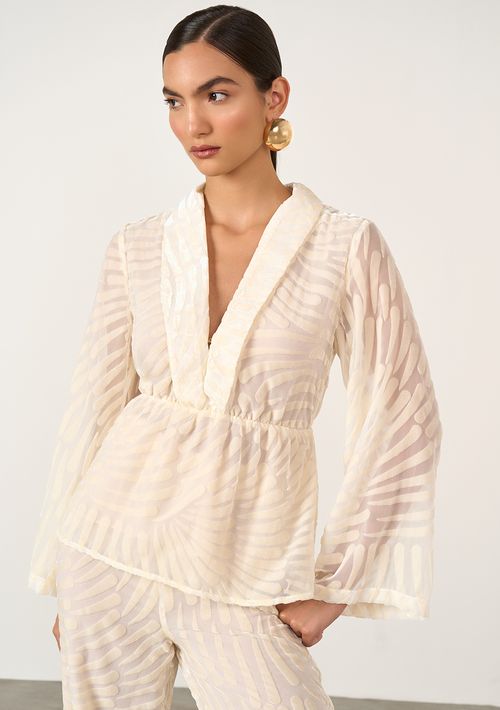 Blusa Iódice Decote V Manga Longa Detalhe Elástico Bege