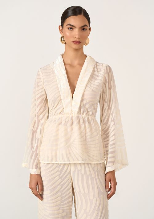 Blusa Iódice Decote V Manga Longa Detalhe Elástico Bege