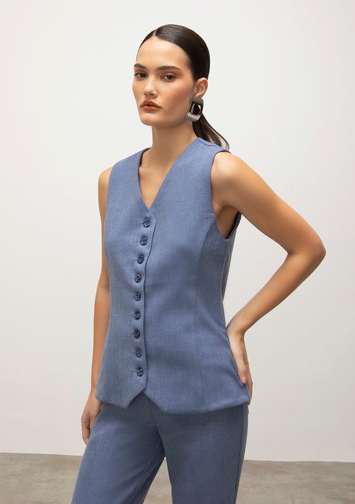 Colete Iódice Alongado Detalhe Botão Jeans