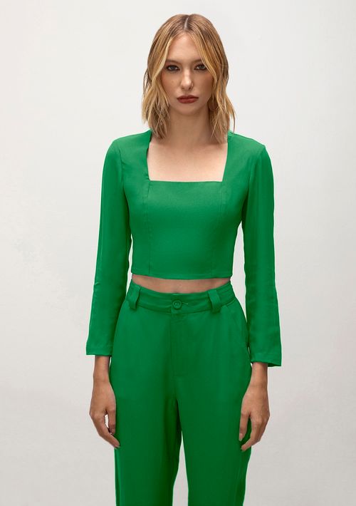 Blusa Iódice Decote Quadrado Manga Longa Com Recorte Verde
