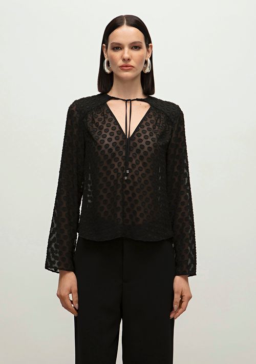 Blusa Iódice Decote V Manga Longa Amarração Frente Preto