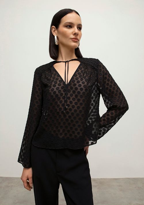 Blusa Iódice Decote V Manga Longa Amarração Frente Preto