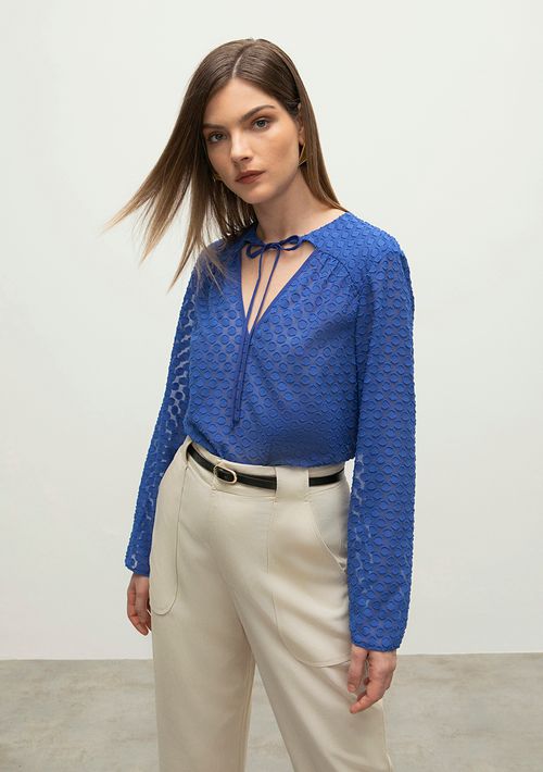 Blusa Iódice Decote V Manga Longa Amarração Frente Azul