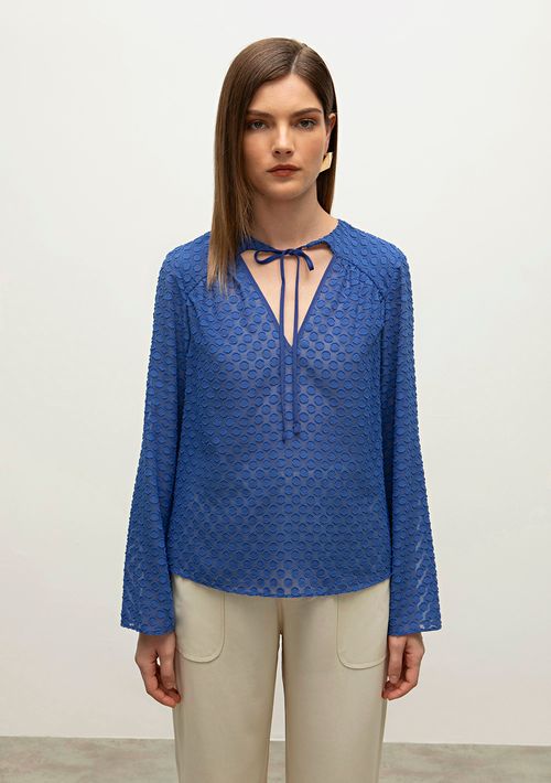 Blusa Iódice Decote V Manga Longa Amarração Frente Azul