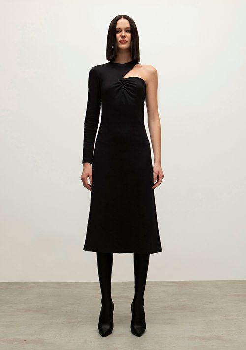 Vestido Iódice Midi Ombro Só Com Franzido Preto