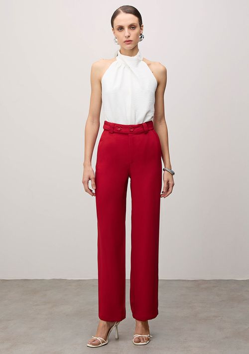 Calca Iódice Reta Cós Alto Detalhe Cós Vermelho