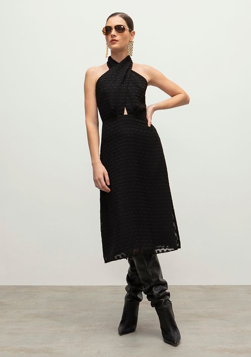 Vestido Iódice Midi Frente Única Amarração Costas Preto