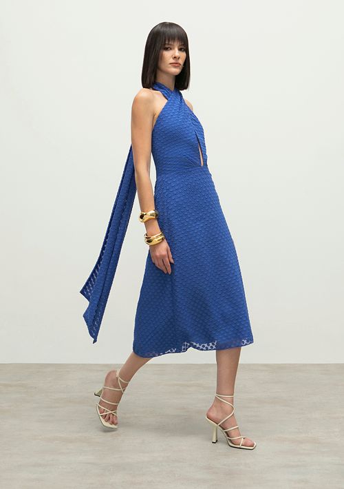 Vestido Iódice Midi Frente Única Amarração Costas Azul